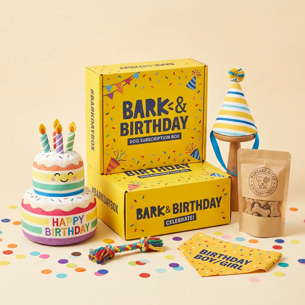 Birthday Bash themed Zoomie Box with a birthday cake plush toy and confetti