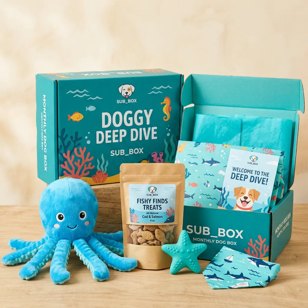 Under the Sea themed Zoomie Box with an octopus plush toy and fish treats