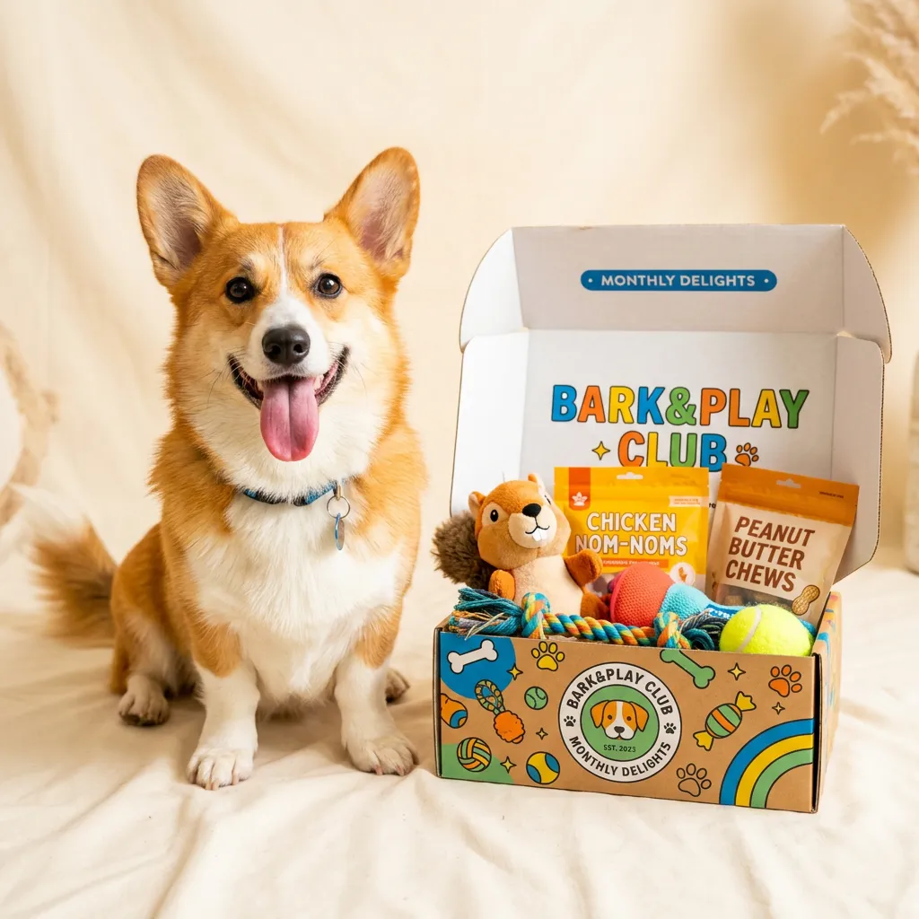 Biscuit the corgi smiling next to his Zoomie Box