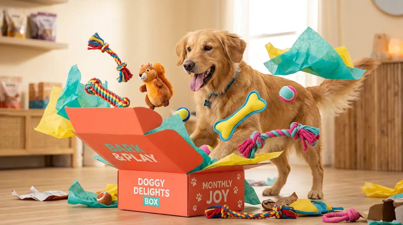 Happy golden retriever unboxing a colorful Zoomie Box, tissue paper and toys bursting out